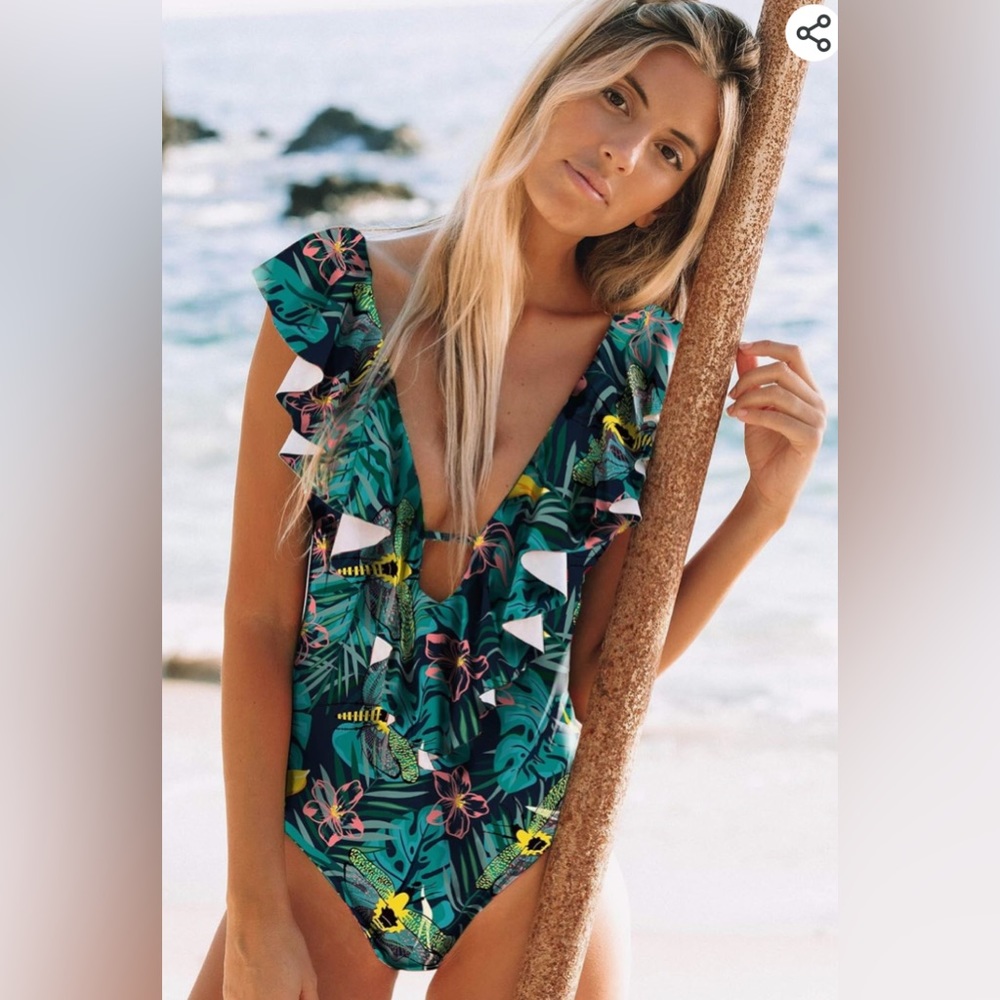 Deep v neck ruffle one piece bathing suit